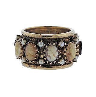 18k Gold Pearl Cameo Wide Band Ring