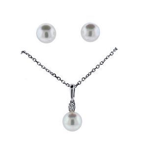Mikimoto 18K Gold Diamond Pearl Necklace Earrings Set