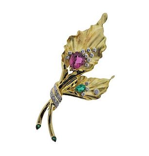 18K Gold Diamond Gemstone Flower Brooch Pendant