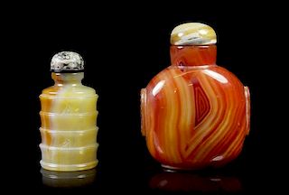 Two Carved Agate Snuff Bottles, Height of taller 2 1/4.