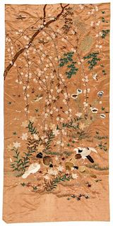 Antique Asian Bird/Cherry Blossoms Silk Embroidery