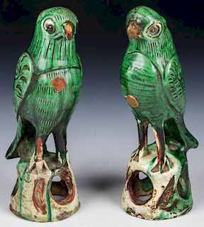 Pair of Chinese Sancai Glazed Ceramic Parrots