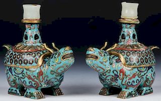 Pair of Chinese Cloisonne Foo Dog Candlesticks