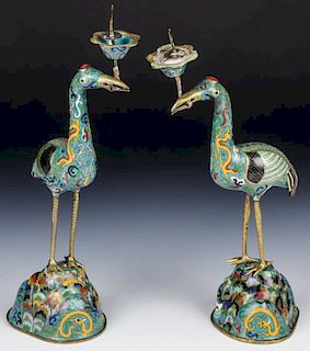 Pair of Chinese Cloisonne Crane Candlesticks