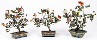 3 Chinese Jade and Hardstone Trees in Cloisonne Jardinieres