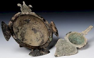 Ancient Bronze Cosmetic Container and Bowl, 9th to 12th C.