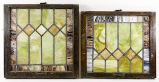 Pair of Leaded Stained Slag Glass Windows