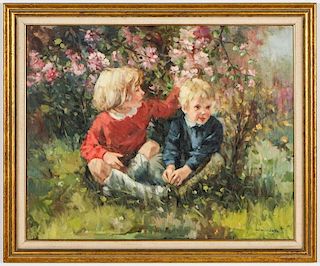 Louis van der Beesen (Dutch, 1938) Portrait of Two Children in a Garden