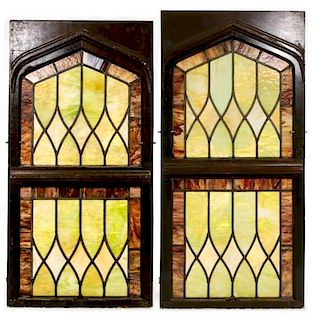 Pair of Leaded Stained Slag Glass Church Windows