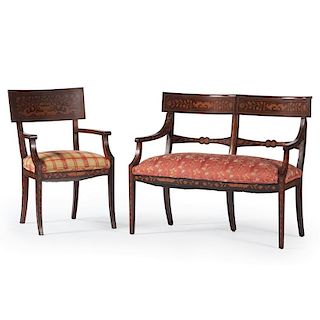 Continental Marquetry Settee and Armchair