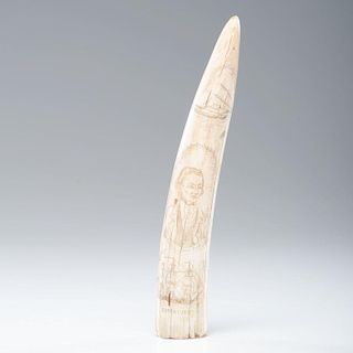 Scrimshaw Walrus Tusk with Captain Cook and Sandwich Islands Warriors Decoration