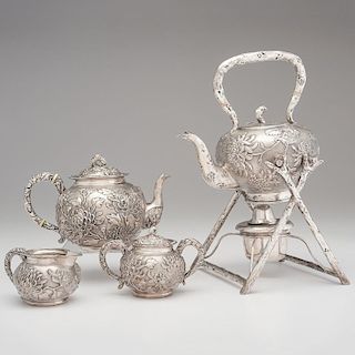 Chinese Export Silver Tea Service, Caddy and Shaker by Hung Chong and Bowl by Cumshing