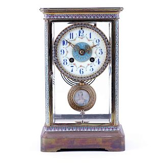 Antique French Champlevé Regulator Clock With Hand Painted Porcelain Dial and Jeweled Bezel