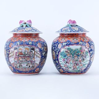 Pair 20th Century Chinese Porcelain Lidded Urns