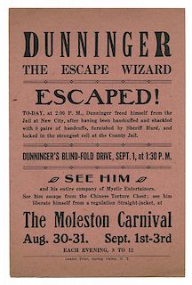 Dunninger Escape Wizard Handbill. Moleston Carnival.
