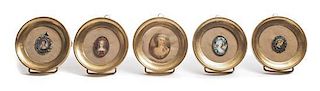 A Collection of Five Portrait Miniatures, Diameter of largest 4 1/2 inches.
