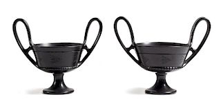 A Pair of Italian Black-Fired Footed Bowls Height 8 x width 9 1/2 inches.