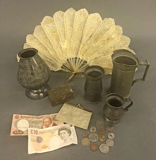 Three Pewter Measures, Hand Fan, etc.