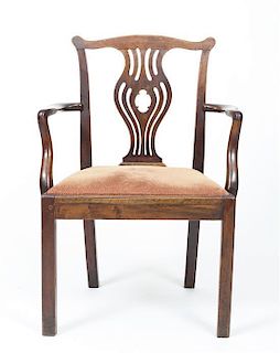 A George III Mahogany Armchair, Height 38 1/2 x width 27 1/2 x depth 18 1/2 inches.