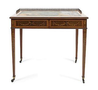 A Victorian Adam Style Marquetry Inlaid Mahogany Desk, Height 30 3/4 x width 34 x depth 21 5/8 inches.