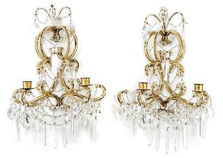 A Pair of Victorian Gilt Metal and Glass Two-Light Wall Sconces, Height 19 inches.