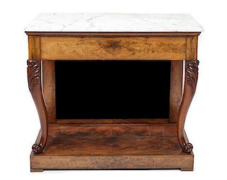 A William IV Mahogany Marble-Top Console Table, Height 35 3/4 x width 40 3/4 x depth 20 3/8 inches.