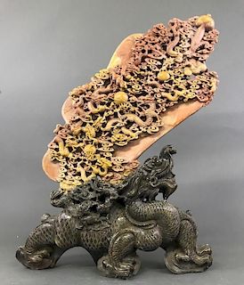 Fine Chinese Soapstone Boulder with Carved Dragons