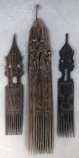 Three West African Decorative Wood Carved Combs