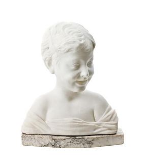 A Carved Alabaster Bust of a Boy, Height overall 13 inches.
