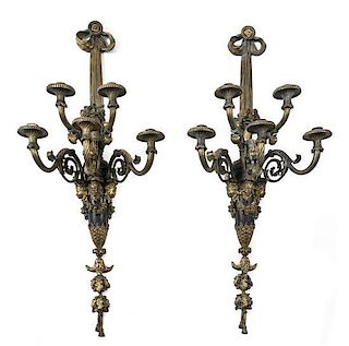 A Pair of Neoclassical Gilt Bronze Five-Light Sconces, Height 43 1/2 inches.