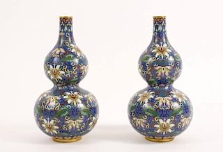 Pair of Double Gourd Cloisonne Vases w/ Lotus