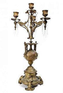 A Victorian Bronze and Cut Glass Four-Light Girandole, Height 19 inches.
