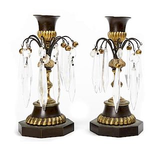 A Pair of Continental Cut Glass and Gilt Bronze Girandoles, Height 7 inches.