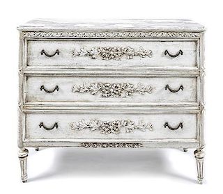 A French Style Painted Low Chest, Height 33 1/4 x width 40 1/2 x depth 15 1/4 inches.