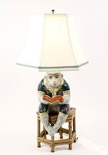 Hand Painted Porcelain Figural Monkey Lamp