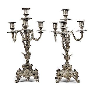 A Pair of Louis XV Style Silvered Metal Four-Light Candelabra, Height 15 inches.