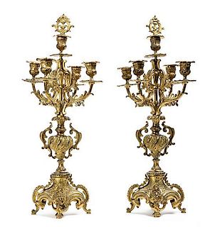 A Pair of Louis XV Style Gilt Bronze Five-Light Candelabra, Height 21 3/4 inches.