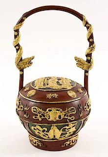 Chinese Carved Wood Lidded Polychrome Basket
