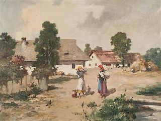 Two Decorative Village Landscape Paintings, Height of larger 24 x width 36 inches.