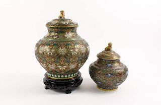 Set of 2 High Relief Cloisonne Lidded Temple Jars