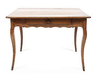 A French Provincial Walnut Work Table, Height 29 3/4 x width 41 3/4 x depth 29 1/2 inches.
