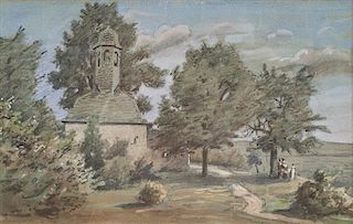 A Framed Watercolor of a Landscape with Church, Height 13 1/2 x width 16 inches.