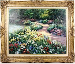 "Waterside Garden Path" Painting, Signed