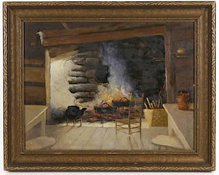 American Naive Painting of Interior w/Fireplace