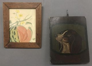 Oil on Panel of a Spaniel & Watercolor of a Melon