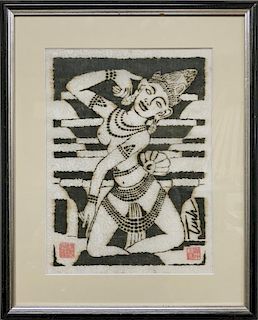 Woodcut on Fabric of an Asian Female Dancer