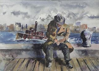 WOLCHONOK, Louis. Watercolor. Man with Tugboat.