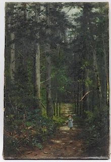 William H Hilliard Little Girl Forest O/C Painting