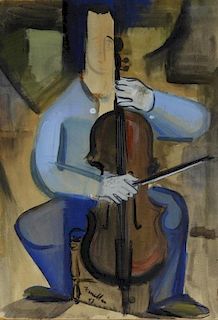 MCM Cubist Abstract Painting of Man Playing Cello