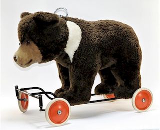 LG Antique Steiff Plush Mohair Ride On Brown Bear